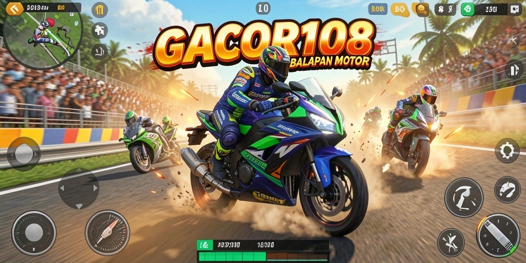 Gameplay GACOR108 dengan motor balap di sirkuit yang menantang.