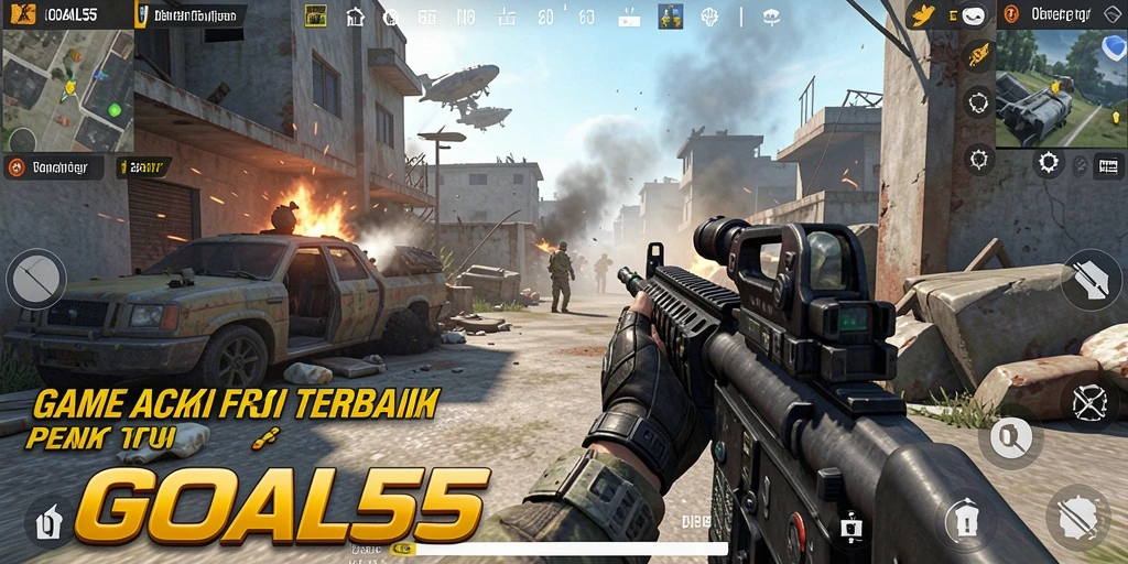 Screenshot gameplay seru dari GOAL55 menampilkan pertempuran FPS intens.