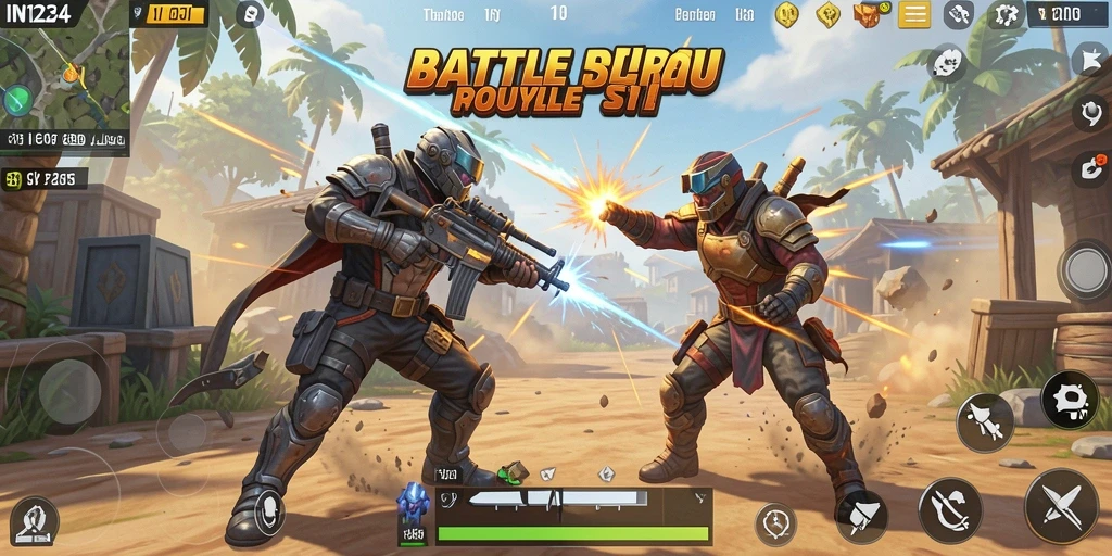 Screenshot utama IN1234 menampilkan aksi intens Battle Royale.