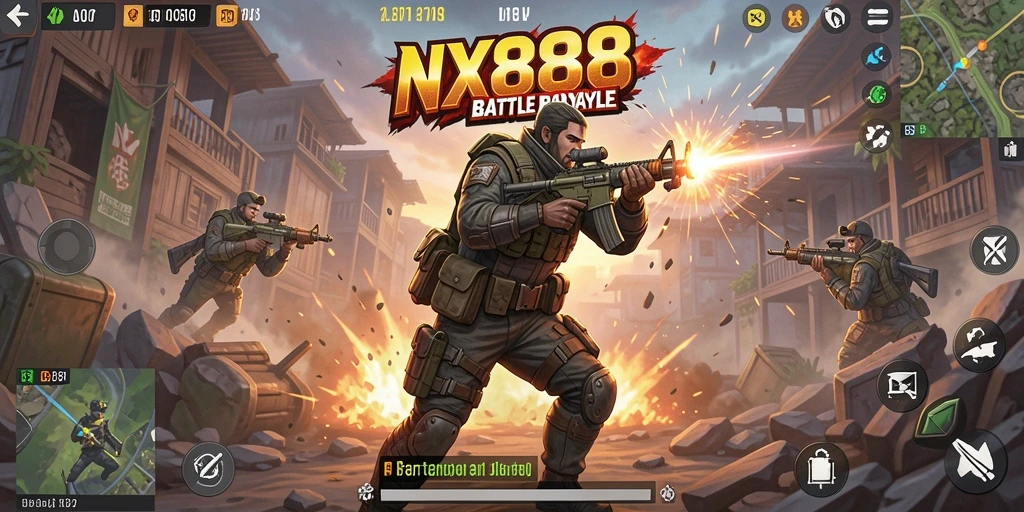 Gameplay NX888 yang seru dan penuh aksi di medan tempur Battle Royale.