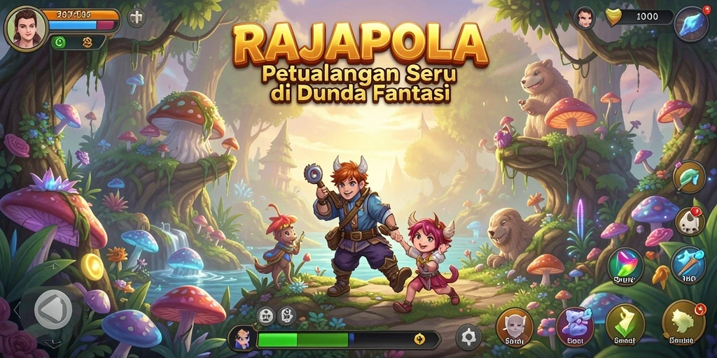 Tampilan layar permainan RAJAPOLA yang memukau dengan pertarungan RPG aktif.