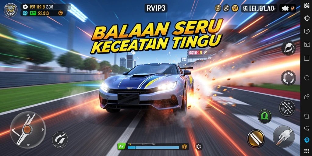 Tampilan gameplay seru dengan mobil balap melaju kencang di trek menantang.