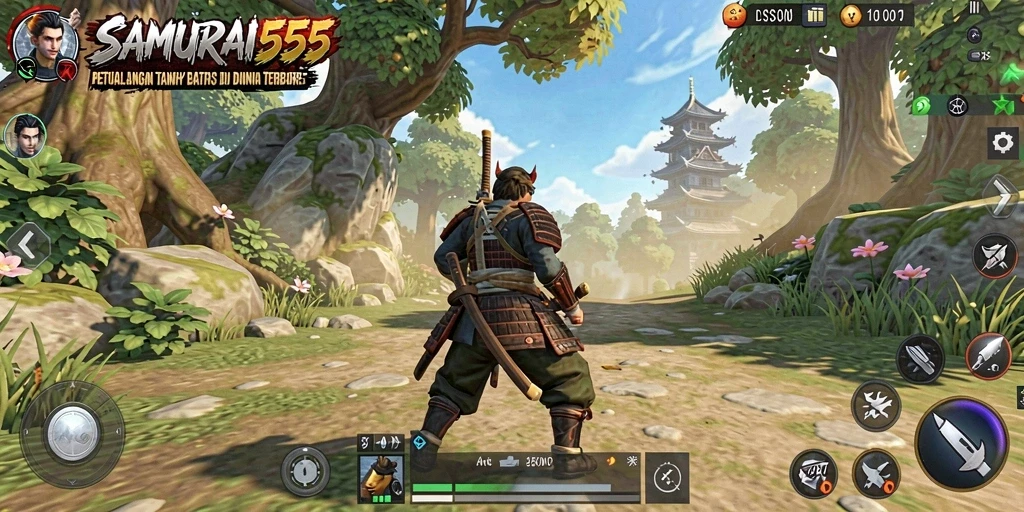 Screenshot dari gameplay SAMURAI555 yang menunjukkan eksplorasi dunia terbuka.